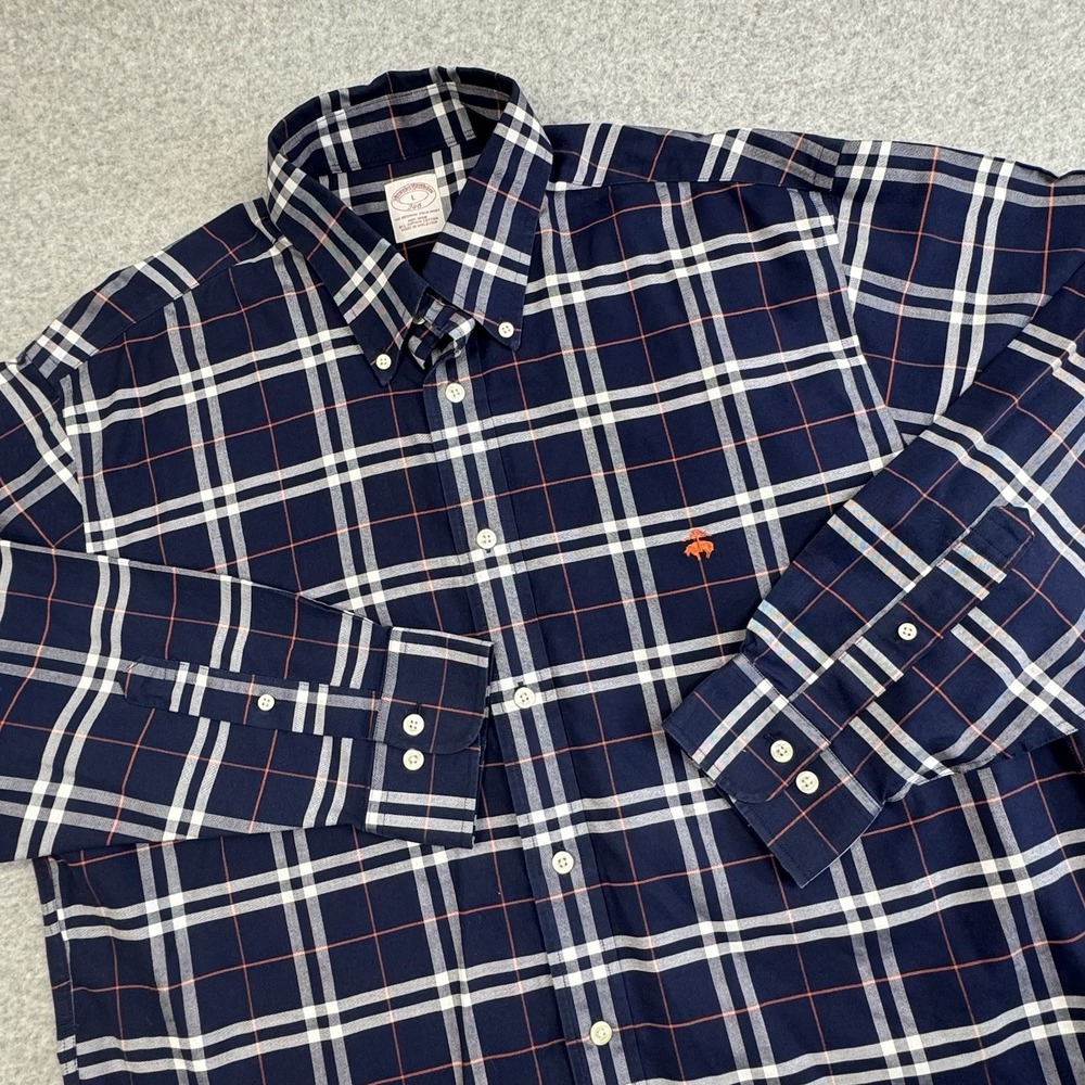 Brooks Brothers 346 Shirt Men's‎ XL Blue Windowpane Plaid Embroidered Sheep Logo